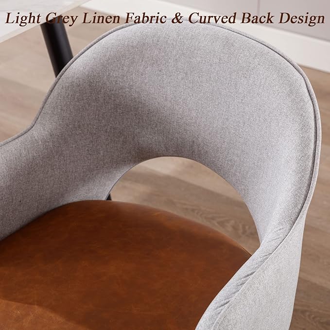 DUOMAY Modern Swivel Dining Chairs Set of 4, Linen & Faux Leather Upholstered Accent Side Chair, Home Office Desk Chair with No Wheels for Dining Room Living Room Office, Light Grey