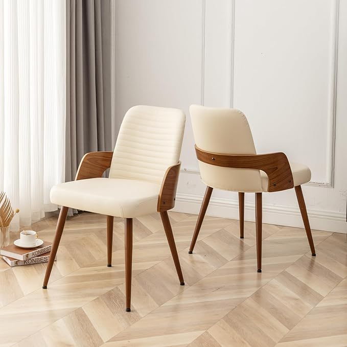 Dining Room Chairs,Mid Century Modern Kitchen Chair,Upholstered Faux Leather Accent Chairs,Metal Legs Wooden Desk Chair,Armless and No Wheels for Kitchen Dining,Beige PU,1PCS