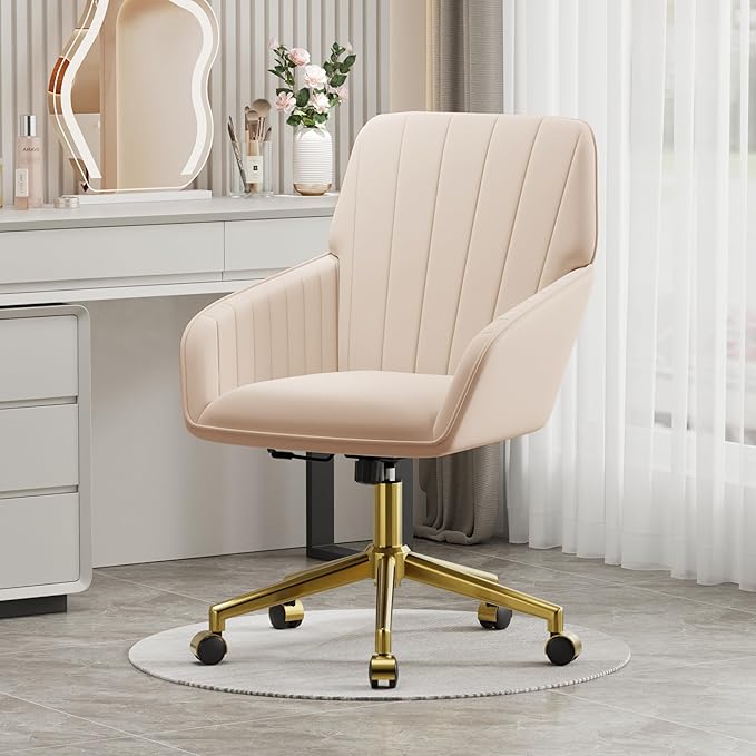 YISHENG Velvet Office Desk Chair with Gold Base, with Wheels,Modern Height Adjustable 360 Degree Swivel Upholstered Vanity Chairs with Arms for Living Room Bedroom,Khaki