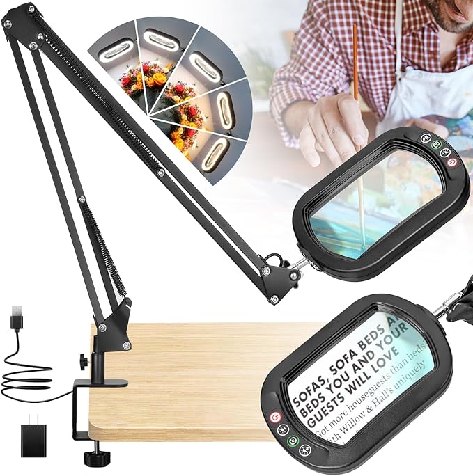 10X Rectangle Magnifying Glass with Light and Clamp, 2*16 Inch Large Swivel Arm LED Desk Lamp, 5 Color Modes Brightness Steepless Dimming, Hands Free Lighted Magnifier Stand for Craft Reading Painting