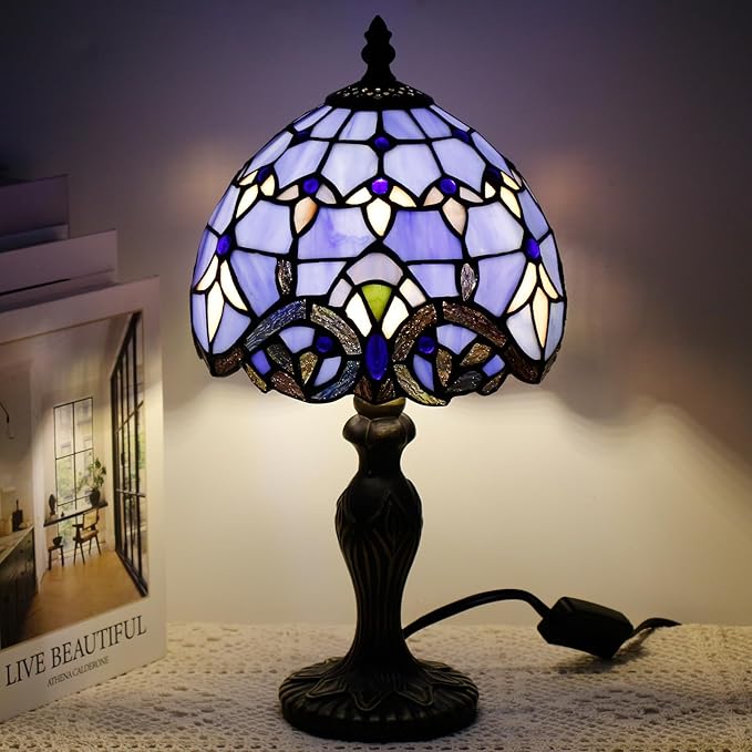 Small Tiffany Lamp Stained Glass Table Lamp Mini Desk Accent Light for Bedroom Bedside Reading Home Antique Style Decor 8X15 Inches (Blue Baroque)