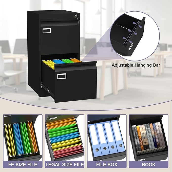 2 Drawer Metal File Cabinet with Lock, Black Locked Filing Cabinets, Vertical Small File Cabinet with Key, Under Desk Filing Cabinets for Home Office