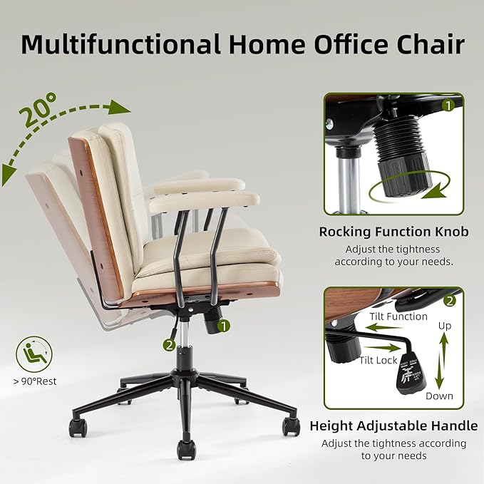 Criss Cross Chair with Armrests & Wheels, PU Leather Adjustable Swivel Walnut Task Chair with Wide Seat, Ergonomic Mid Back Computer Office Desk Chairs for Meeting Room, Home