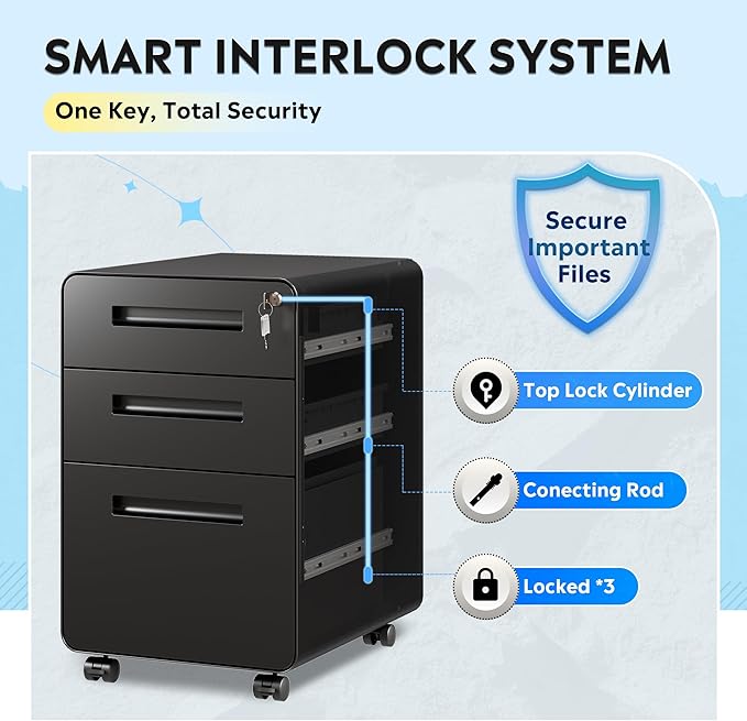 DEVAISE 3-Drawer File Cabinet, Thickened Metal Mobile Filing Cabinet with Lock, Under Desk Cabinet for Home Office, fits A4/Letter/Legal Size, Fully Assembled, 20" D x 15.8" W x 25" H, Black