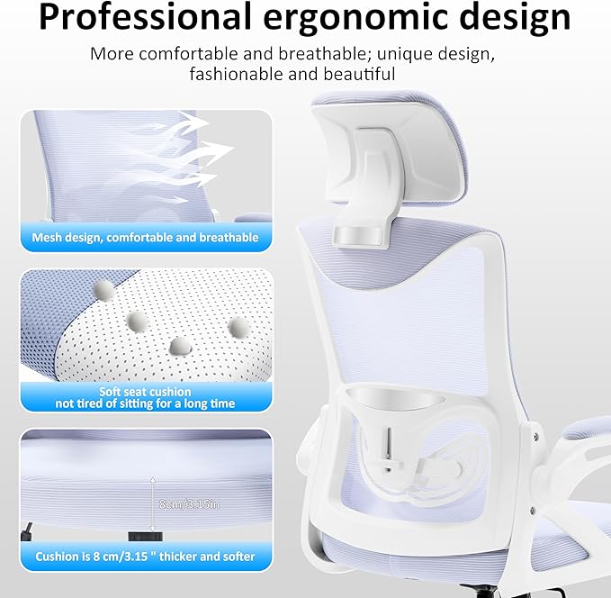 Fizzin Ergonomic Office Chair,Ergonomic Desk Chair with Headrest Mesh Computer Chair with High Back Adjustable Lumbar Support, Rolling Swivel Chairs with Wheel Armrests for Home Office (Lavender)
