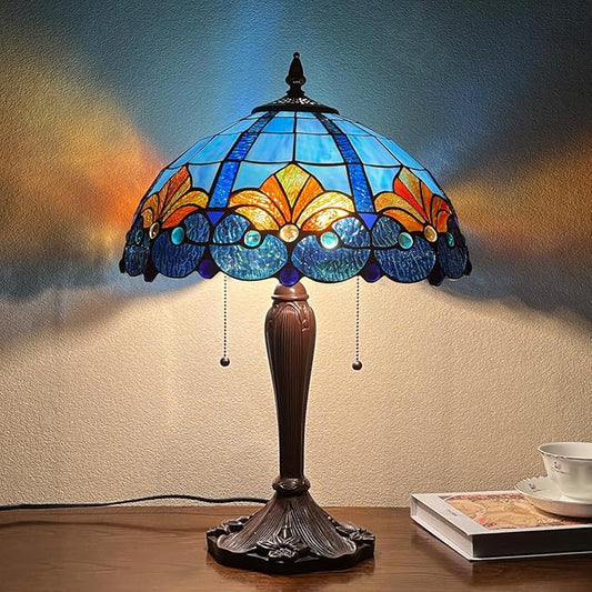 Tiffany Table lamp, Blue Stained Glass Desk Light - Antique Style 16” Large Nightstand Bedside Reading Light for Living Room Bedroom Office