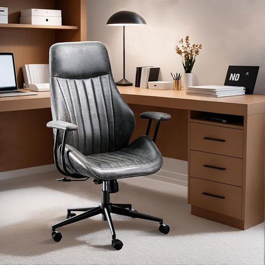 ovios Ergonomic High Back Office Chair, Mid-Century Modern Faux Suede Leather Chair with Padded Armrests, Comfy Executive Computer Task Swivel Rolling Chairs, Dark Grey