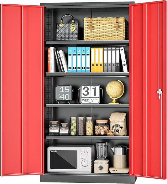 INTERGREAT Metal Storage Cabinet,72" Steel Lockable File Cabinet with Locking Doors and Adjustable Shelves,Locking Tool Cabinets for Office,Home,Garage,Gym,School (Black Red)