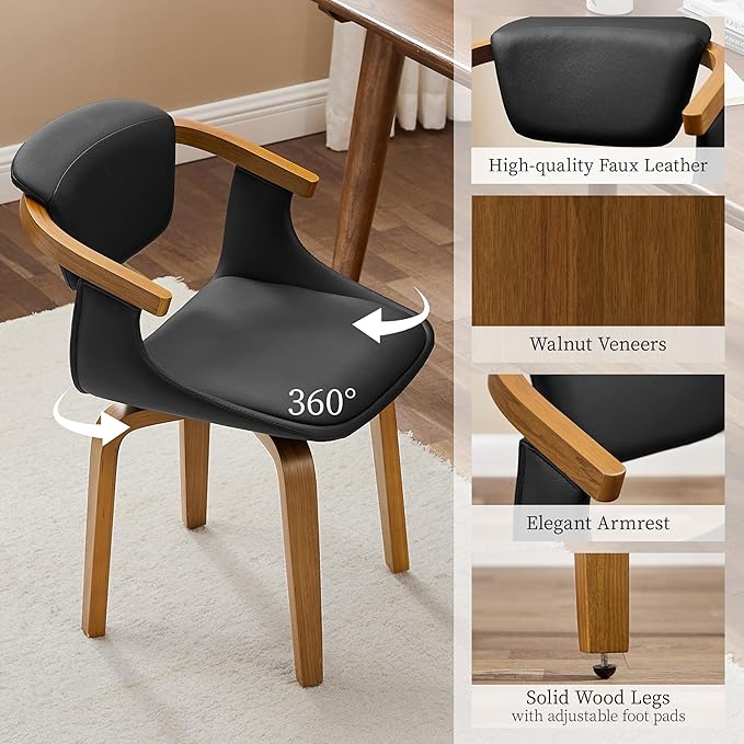 Art Leon Dining Chairs Set of 2 - Mid Century Modern Retro Faux Leather Chair, Small Comfy Upholstered Swivel Desk Chairs No Wheels, Black