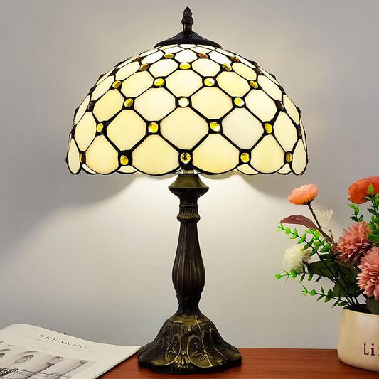 Tiffany Lamp Stained Glass Table Lamp - Antique Bedside Desk Reading Light With 3-Way Color LED - Living Room Nightstand 12X12X19 Inches - Home Office Desk Lamp - Cream White Pearls Style