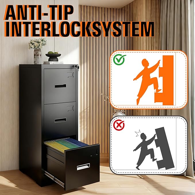 3-Drawer Locking Vertical File Cabinet, Metal Storage Cabinet for Office/Home – Secure Vertical Filing for Letter/Legal/A4/F4 Documents, Easy to Assemble Steel Cabinet, Black