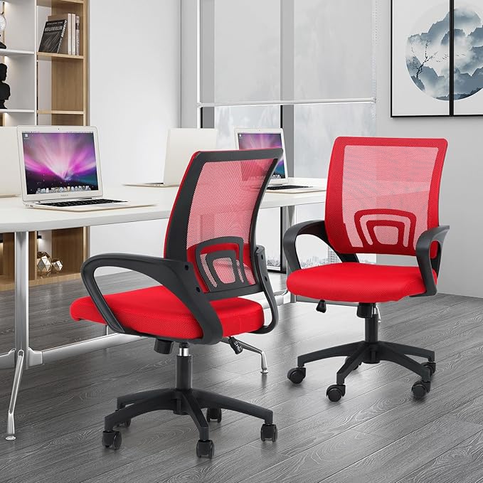 Athena Collection Computer Office Chair Set of 2, Ergonomic Desk Chair with Rolling Wheels, Mesh Back Support and Height Adjustable, Small and Comfy for Home Office, Study, Red