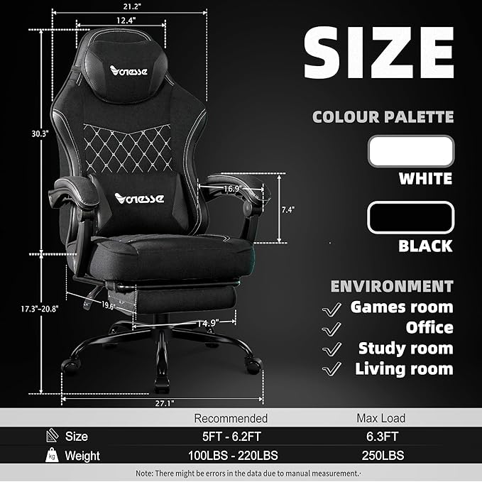 Vonesse Gaming Chair, Computer Chair Fabric with Pocket Spring Cushion, Office Chair with Footrest and Massage Lumbar Support, Reclining Gaming Chairs for Adults 250LBS (Black)