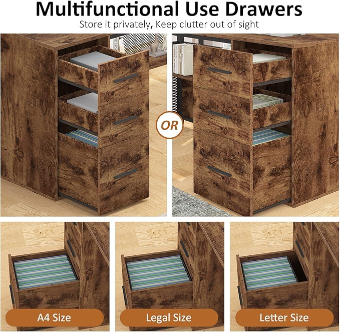 HSH L Shaped Computer Desk with File Drawers, Large Metal Wood L Shape Table with Storage Cabinet Shelves, Reversible Corner Home Office Executive Writing Study Workstation Desk, Rustic Brown, 59 Inch