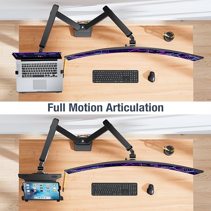 AVLT Laptop and Monitor Arm - Mount 15.6" Notebook and 38" Monitor on 2 Full Motion Adjustable Arms - Organize Your Work Surface with Ergonomic VESA Monitor Mount