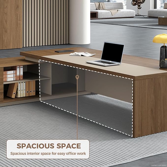 Premium Executive Desk, Modern L Shape Office Executive Desk with Drawers, Lockable Storage & Cable Management(Champagne Wood Grain+Beige/Left,79" L*63" W*30" H)