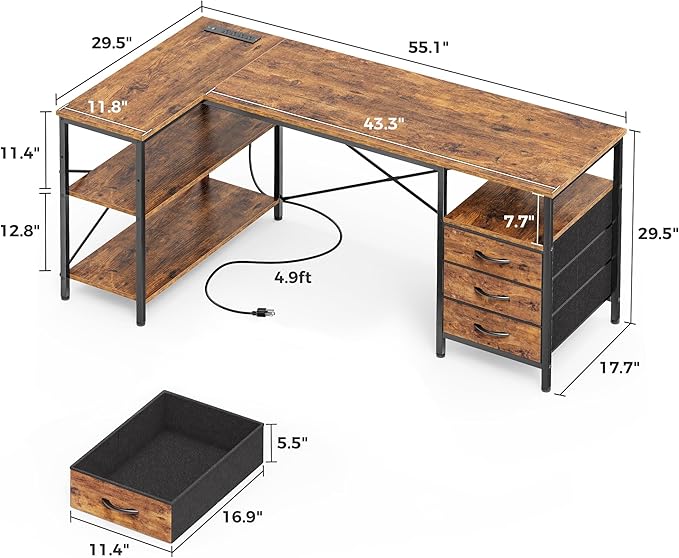 Huuger L Shaped Office Desk with Power Outlets, 55 Inch Computer Desk with 3 Drawers, Shelves, Reverisble for Gaming Corner Work Home Office Study, Rustic Brown