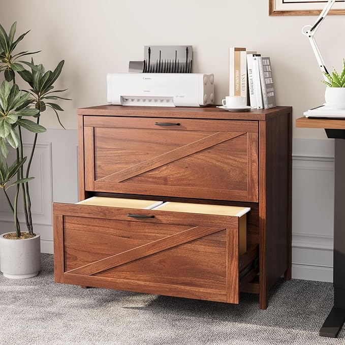VOWNER 2 Drawer Farmhouse File Cabinet, Filing Cabinet with Printer Stand, Fit A4, Letter Size, Hanging File Folders for Home Office, Walnut