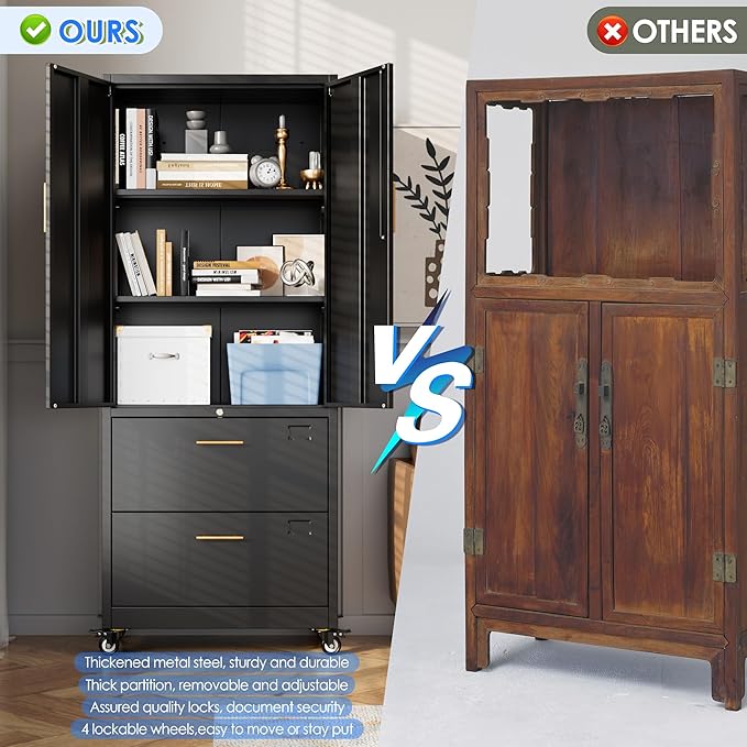 METAN Metal File Cabinet with 2 Drawers and 2 Shelves,Office Filing Cabinet on Wheels with Lock,Office Storage for Letter/Legal Size,Assembly Required,Black