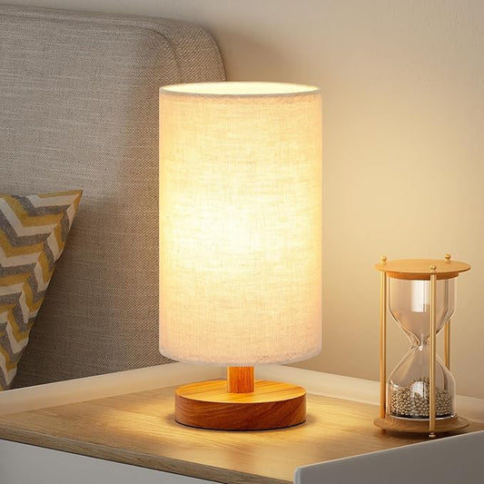 Small Table Lamp for Bedroom - Inline Control, Bedside Lamp with 3000K A15 LED Blub, Easy Assembly (Beige Shade - Walnut Base, 9" Inline Control)