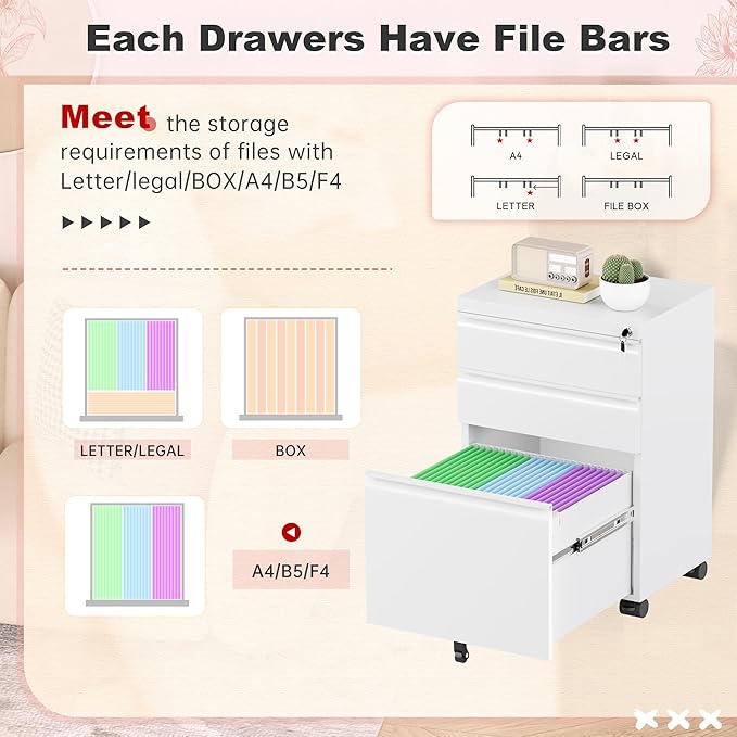Superday White 3 Drawer Mobile Locking File Cabinet, Metal Rolling Vertical Filing Cabinet with Drawers, Small Under Desk File Cabinets for Office and Home, Fully Assemble