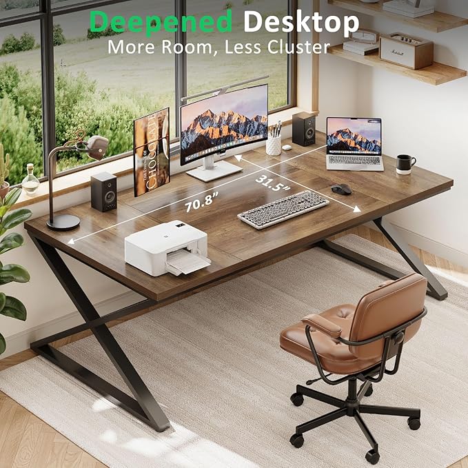 IBF Wood Large Computer Desk, 70.8” Long Home Office Desk for Two Person, Farmhouse Work Study Writing Table in Bedroom, Simple Wide Metal Executive Double PC Gaming Workstation, Rustic Oak