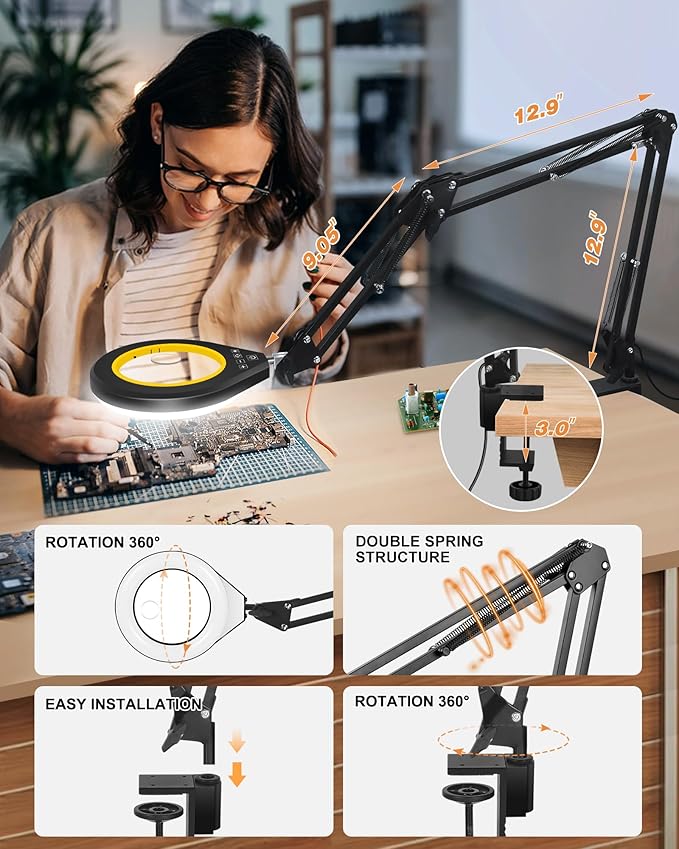 10X & 5X Magnifying Glass with Light, Ultra Long Swing Arm, 5 Colors & 10 Brightness, Real Glass Lens Large Magnifying Lamp for Craft Painting Workbench Jewelry Making Hobby Close Work (Yellow)