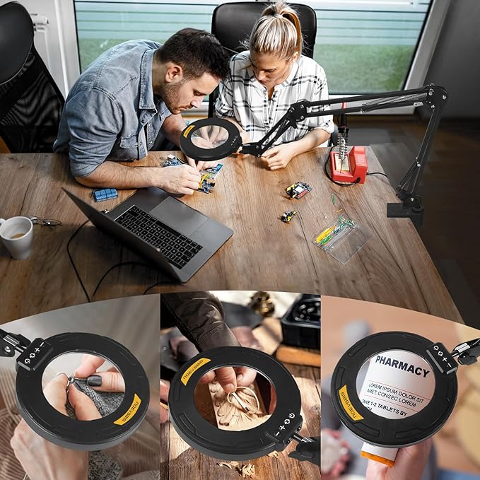 Magnifying Glass with Light 12X Magnifier Desk Lamp Close Work Up for Desktop Crafting, Reading, Sewing, Soldering, Ultra Long Swing Arm 3-Section 5 Color Modes Cool Design Head Controller