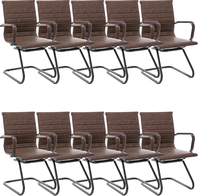 Wahson Office Guest Chairs No Wheels & Reception Chairs, Leather Waiting Room Chair Mid Back Conference Chair with Sled Base for Meeting/Lobby/Restroom, Brown (10 Pack)
