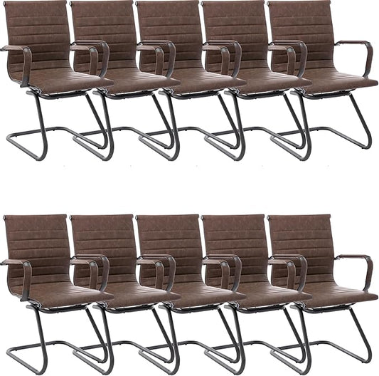 Wahson Office Guest Chairs No Wheels & Reception Chairs, Leather Waiting Room Chair Mid Back Conference Chair with Sled Base for Meeting/Lobby/Restroom, Brown (10 Pack)