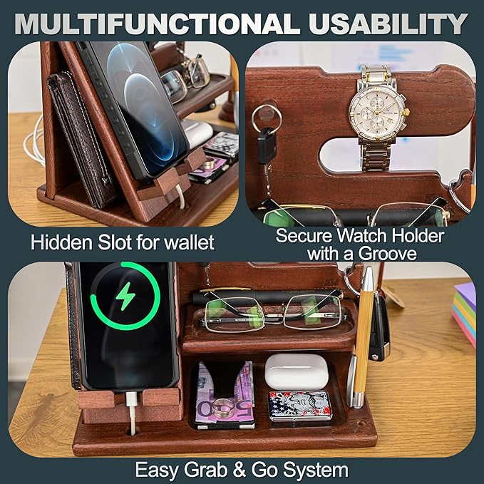 TESLYAR Wood Phone Docking Station for Men - Desk or Nightstand Organizer - Birthday Gifts for Husband or Dad - Anniversary Idea from Wife - Key Holder - Stand Wallet, Watch & Essentials (Chestnut)