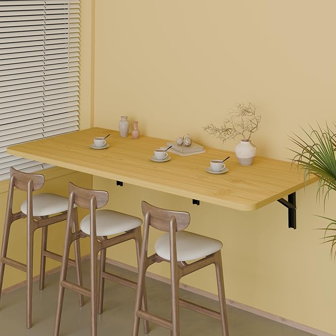 IAE 48" x 22" Floating Foldable Desk,Wall-Mounted Folding Computer Table with Engineered Wood,Study Table with Shelf Brackets,Fold Down Shelf,Fold Computer Desk for Small Spaces,Holds 500 lb,Natural