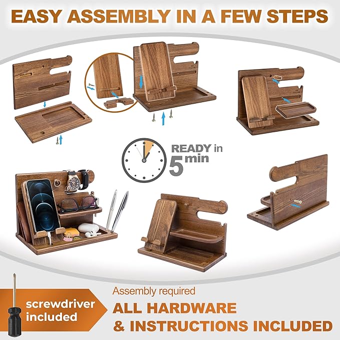 TESLYAR Wood Phone Docking Station for Men - Desk or Nightstand Organizer - Birthday Gifts for Husband or Dad - Anniversary Idea from Wife - Key Holder, Stand Wallet, Watch & Essentials (Earth Beige)