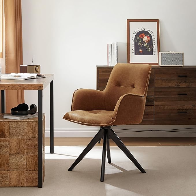 Art Leon Mid Century Desk Chair - Faux Leather Upholstered Office Chair No Wheels, Swivel Accent Chair with Black Oak Wood Legs for Small Space Living Room Bedroom, Set of 2, Brown