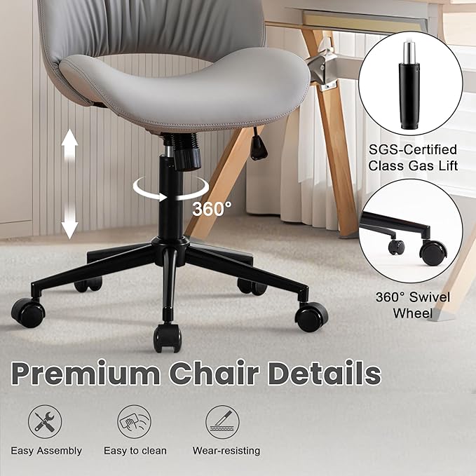 Rowill Armless Office Desk Chair, Ergonomic PU Leather Modern Task Chair with Back Adjustable Height, 360° Swivel Vanity Chairs with Wheels for Small Space, Home Office, Bedroom, Grey