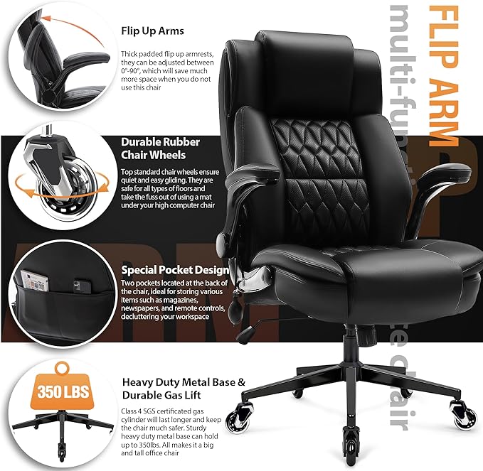 Large High Back Office Chair - Adjustable Lumbar Support, Flip Up Arms, Heavy Duty Metal Base, Breathable Bonded Leather, 2 Storage Bags, Black