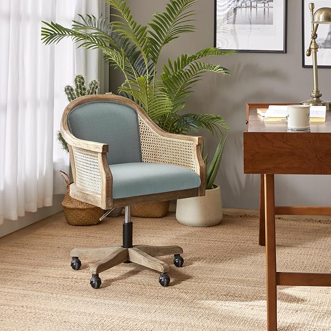 TINA'S HOME Rattan Desk Chair, Wood Upholstered Home Office Chair with Armrest, Adjustable Swivel Rolling Height Computer Task Chair for Living Room Bedroom Study Room, Blue