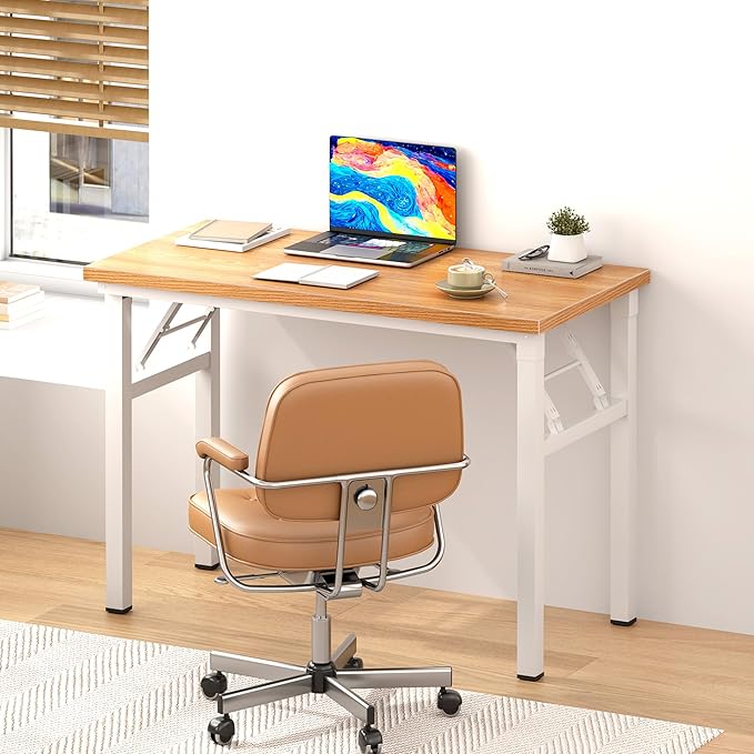 sogesfurniture Small Computer Desk 31.5 inches Folding Table No Assembly Sturdy Writing Desk Folding Desk for Small Spaces, Teak Color Desktop and Black Steel Frame, Teak & White