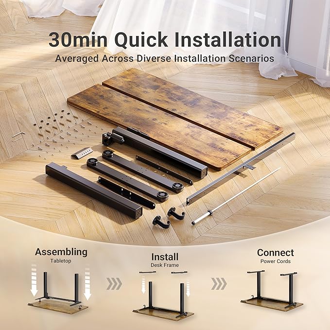 Claiks Electric Standing Desk, Adjustable Height Stand up Desk, 55x24 Inches Sit Stand Home Office Desk with Splice Board, Black Frame/Rustic Brown Top