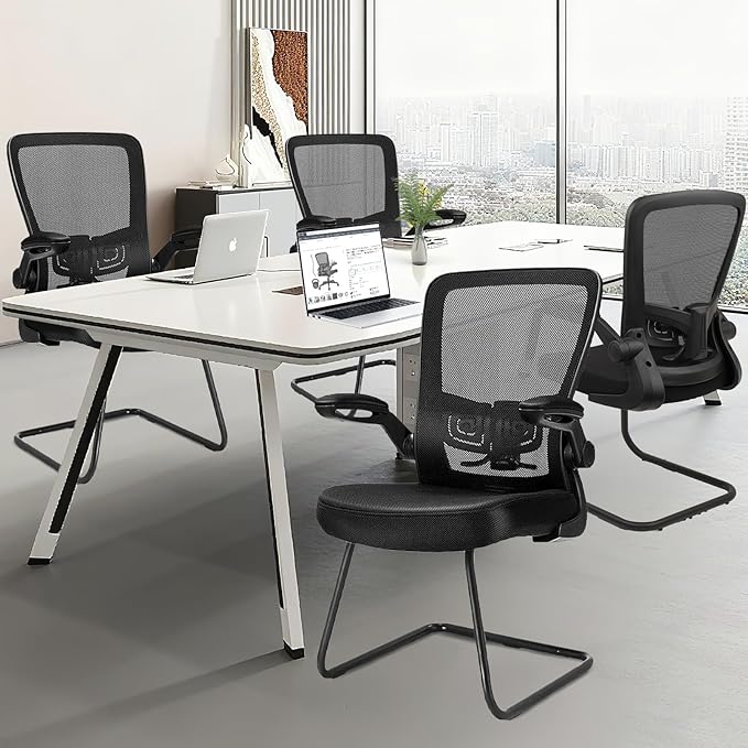 CLATINA Office Guest Chair no Wheels, Ergonomic Mesh Desk Chair Adjustable Lumbar Support and Flip Up Arms, Sled Base for Office Guest & Reception Chairs for Conference Room,Black (1PK)