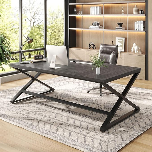 IBF 70 Inch Large Desk, Long Computer Desk for Writing Study, Industrial Home Office Work Executive Desk for Bedroom, Wood Metal Pc Gaming Workstation Computer Table for 2 Monitors, Dark Gray Oak