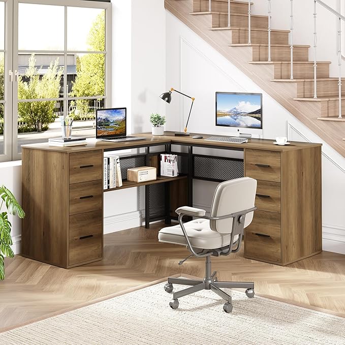 HSH Large L Shaped Home Office Desk with Drawers, Rustic L-shaped Computer Desk with Storage File Cabinet Shelves, Corner Reversible Metal Wood Executive Work Study Writing Table, 59 Inch Bedroom Desk