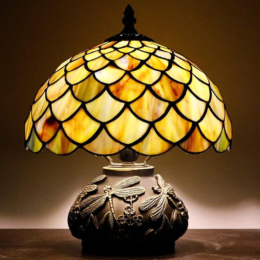 Small Tiffany Table Lamp Yellow Fish Scales Style Stained Glass Desk Lamp 10X11.5 Inch Mushroom Table Light for Office Home Living Room Bedroom