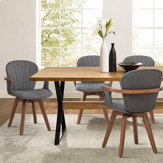 LUNLING Swivel Dining Chairs Set of 4, Mid Century Modern Gray Fabric+Faux Leather Kitchen Chairs with Arms,Bamboo Legs Side Chairs No Wheels,Accent Chair for Dining Rooms and Offices(Gray Fabric)