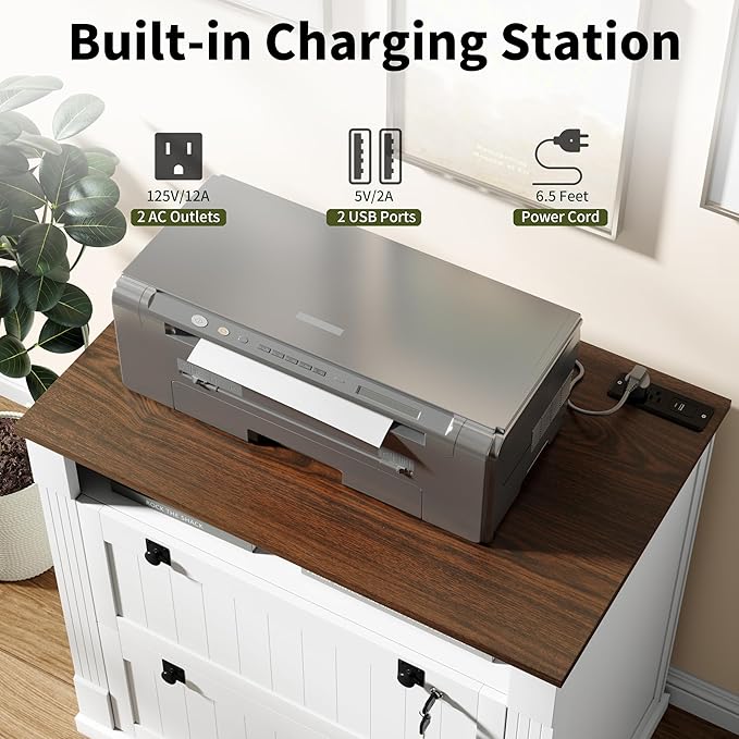 Loomie White 2 Drawer File Cabinet with Lock & Charging Station,37'' Farmhouse Lateral Filing Cabinet with Open Storage Shelves for Home Office,Wood Printer Stand for Files/Letter/Legal/A4/F4 Size