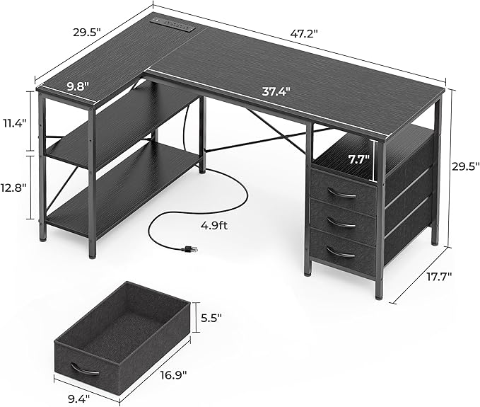 Huuger L Shaped Office Desk with Power Outlets, 47 Inch Computer Desk with 3 Drawers, Shelves, for Gaming, Corner Work, Home Office, Study, Black