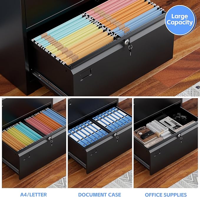 Aobabo 2 Drawer Lateral File Cabinet, Lockable Metal Filing Cabinet with Name Card, Suitable for Home Office School Hanging Files Letter/Legal/F4/A4 Size,Required-Assembly,Black