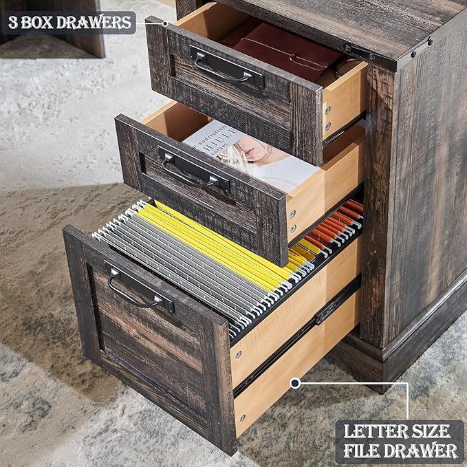 RedLemon 60" Farmhouse L Shaped Desk with Hutch, Wood Home Office Executive Desk with Drawer, Charging Station, File Drawer, Storage Cabinet, Rustic Writing Computer Desk (Dark Rustic Oak)