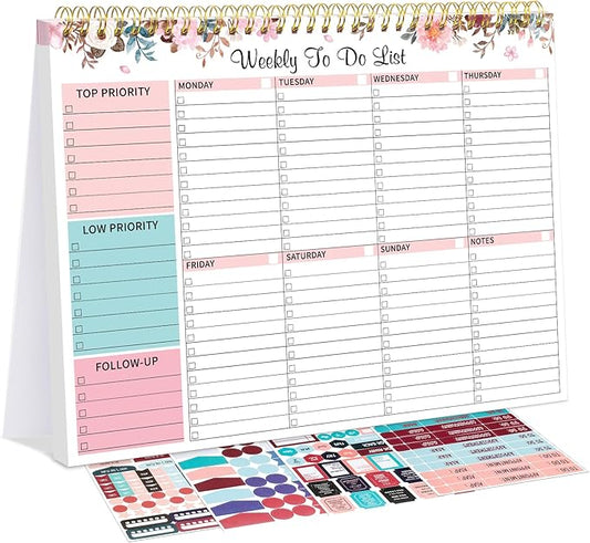 Weekly To Do List Notepad with 52 Undated Sheets, 8.5"×11" Week Desk Planner Undated Weekly Planner with Spiral Bound for Women & Man Home School and Work, Pink