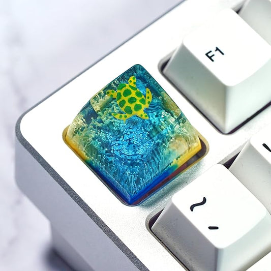 Sea Turtle Artisan Keycap Light Yellow and Blue Ocean R1 SA Profile Custom Sea Creatures Keycaps 1U ESC Handmade Gaming Resin Key Cap Cherry MX Switch Compatible Mechanical Keyboard Turtle Lover Gift